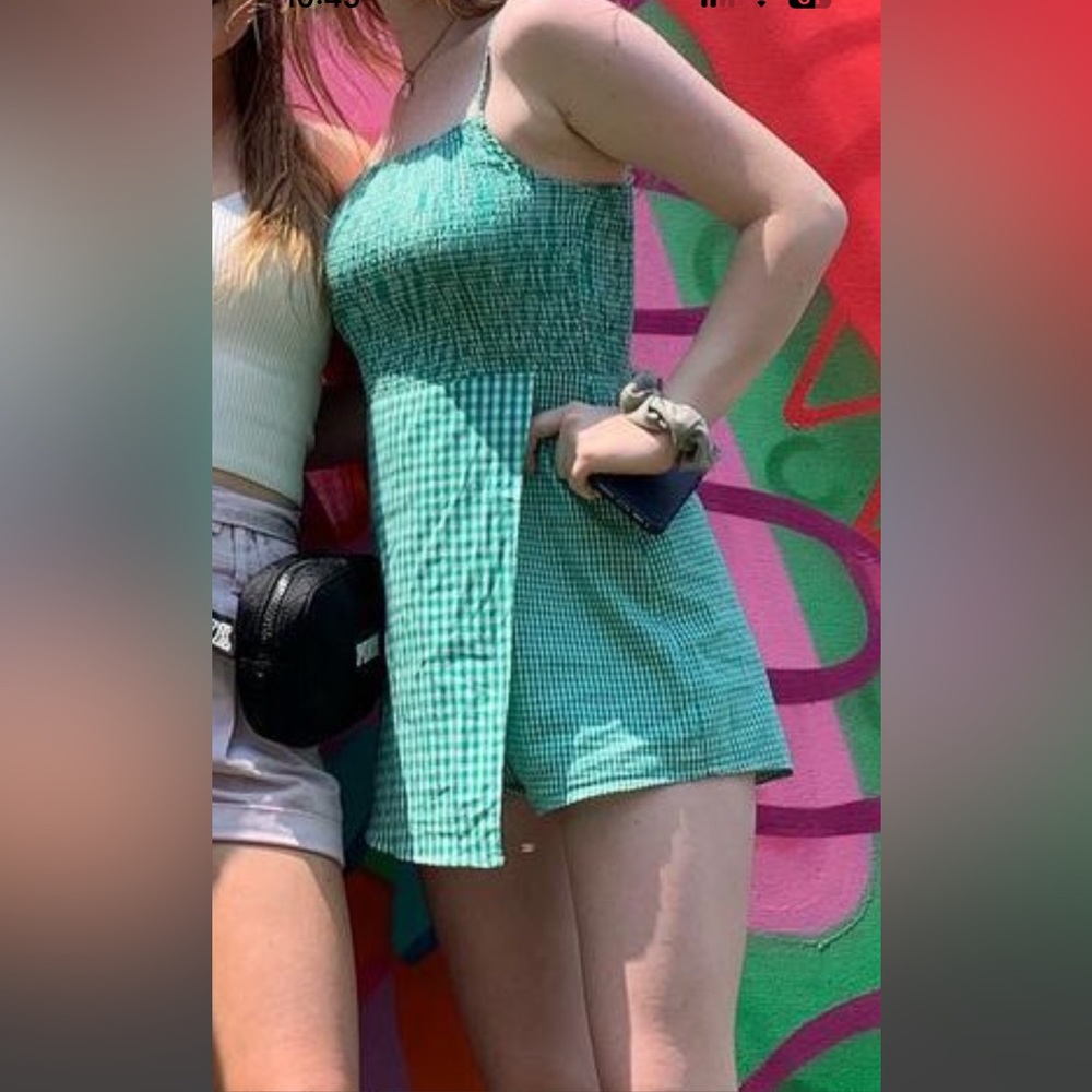 green and white gingham romper, flap covers shorts to make it look like a dress